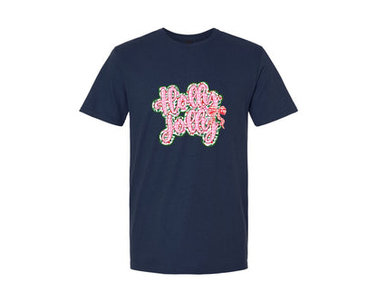 brand:Generic|color:Navy|Holly Jolly Christmas Floral Plaid Bow Graphic T-Shirt