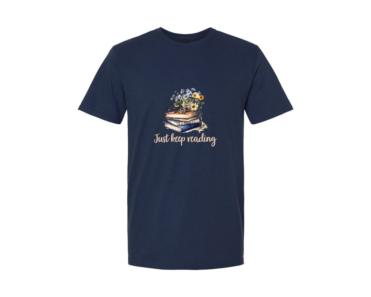 brand:Generic|color:Navy|Just Keep Reading Retro Wild Flowers Graphic T-Shirt