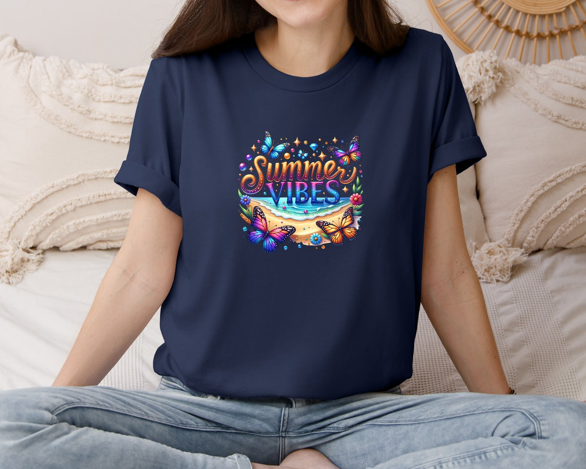 brand:Bella Canvas|color:Navy|Summer Vibes Butterflies Graphic T-Shirt