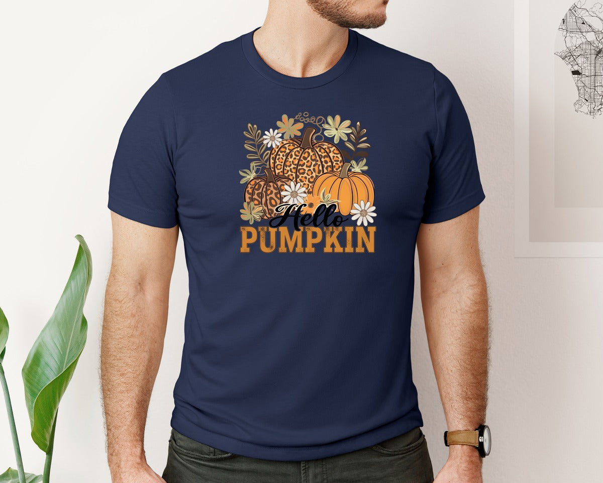 brand:Bella Canvas|color:Navy|Leopard Pumpkin Fall Graphic T-Shirt
