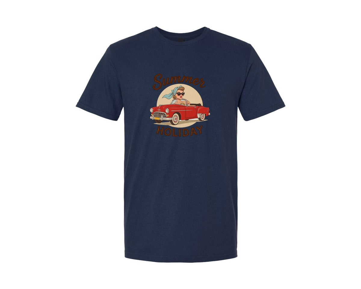 brand:Generic|color:Navy|Summer Holiday Retro Girl Classic Car Graphic T-Shirt