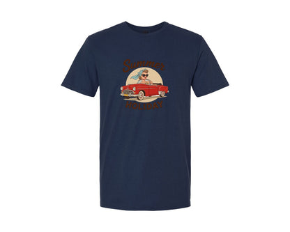 brand:Generic|color:Navy|Summer Holiday Retro Girl Classic Car Graphic T-Shirt
