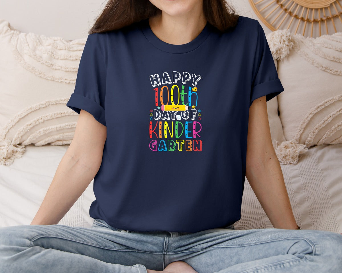 brand:Bella Canvas|color:Navy|Happy 100Th Day Of Kindergarten 4 Graphic T-Shirt