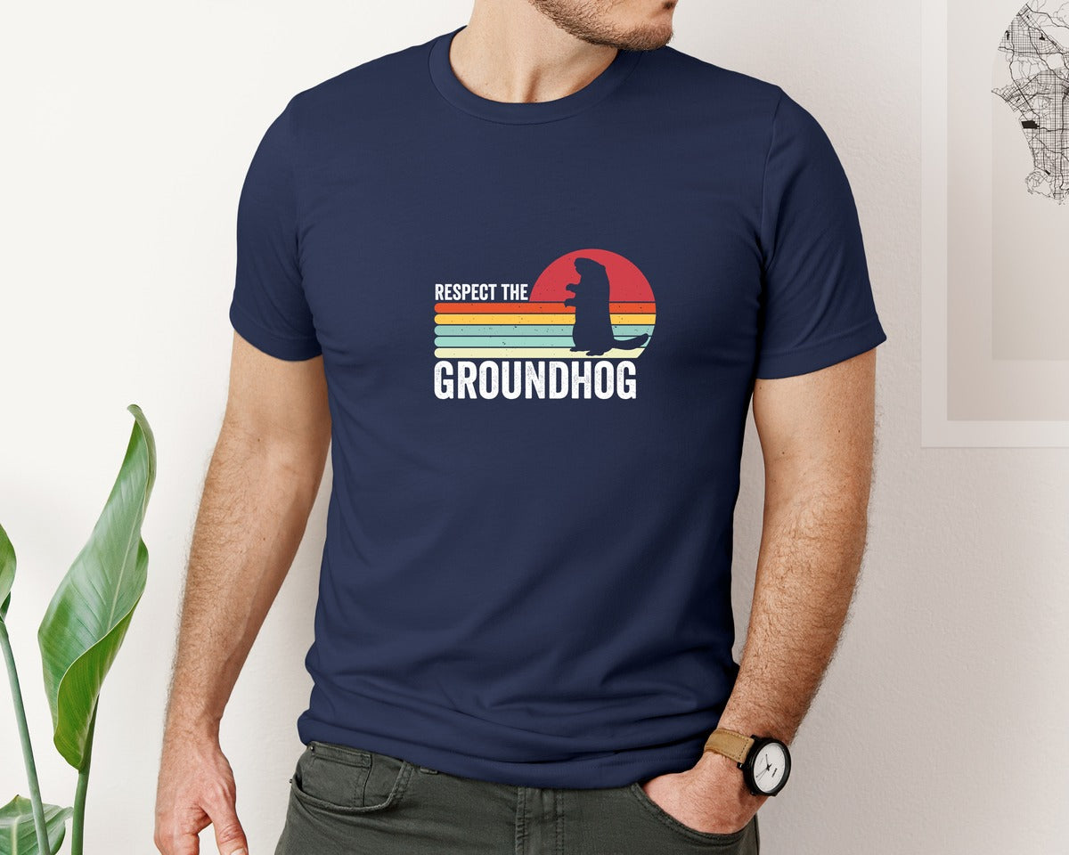 brand:Bella Canvas|color:Navy|Respect The Groundhog Vintage Design Graphic T-Shirt