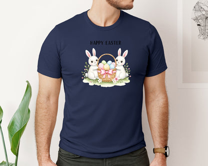 brand:Bella Canvas|color:Navy|Happy Easter Bunnies With Basket Cu Graphic T-Shirt