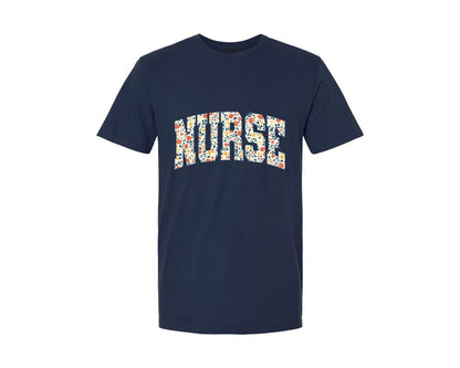brand:Generic|color:Navy|Boho Floral Nurse Retro Nurse Flower 2 Graphic T-Shirt