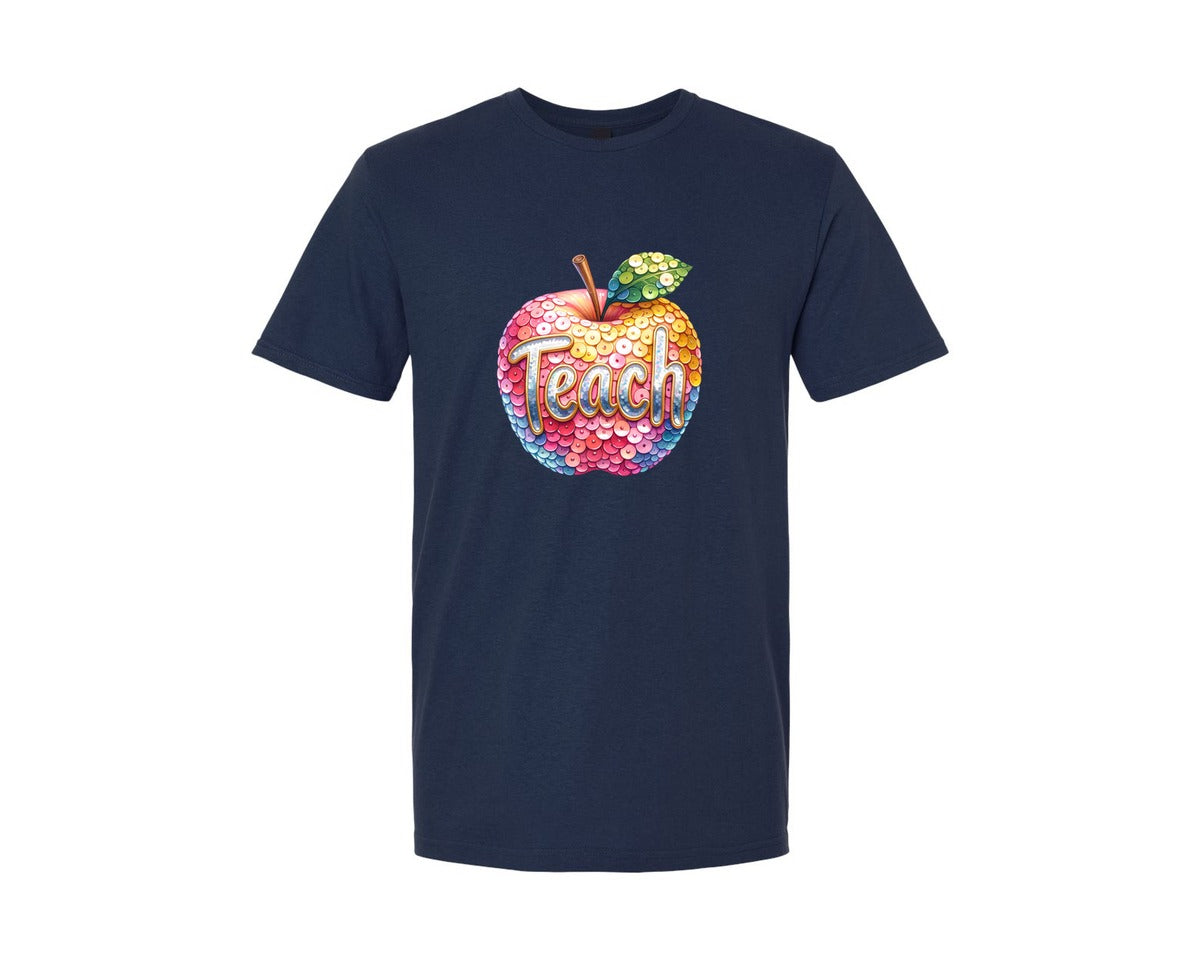 brand:Generic|color:Navy|School Teach Sequin Apple Graphic T-Shirt