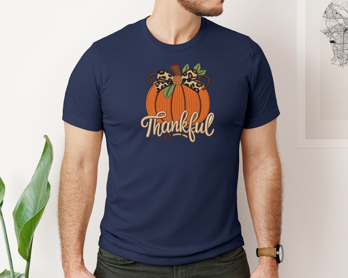 brand:Bella Canvas|color:Navy|Preppy Faux Yarn Pumpkin Thanksgiving Graphic T-Shirt