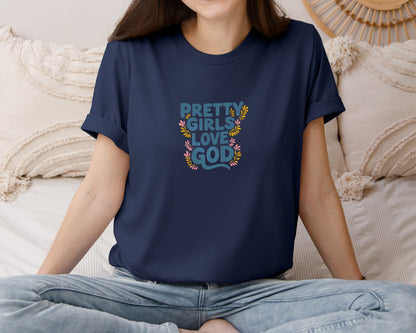 brand:Bella Canvas|color:Navy|Pretty Girls Love God Christian 3 Graphic T-Shirt