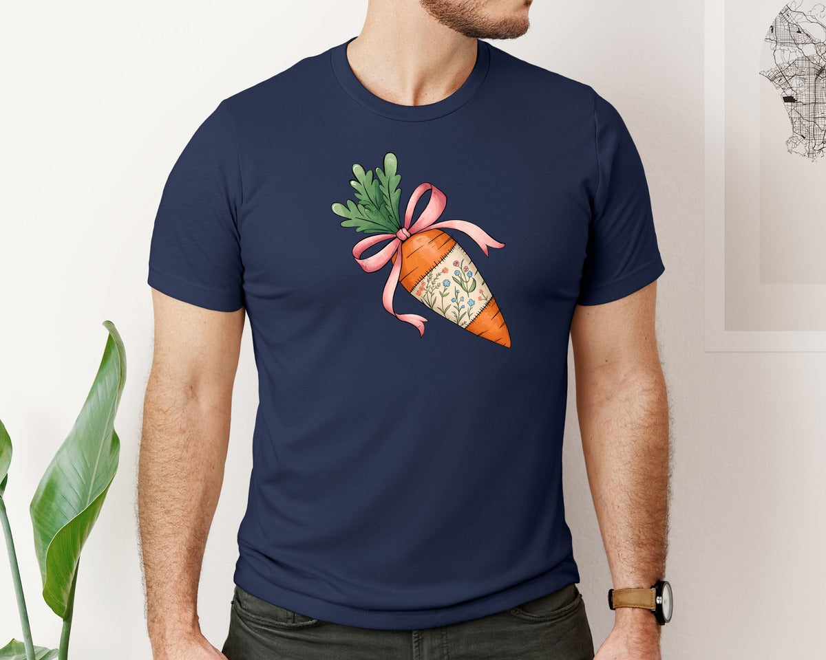 brand:Bella Canvas|color:Navy|Floral Easter Carrot Coquette Bow Graphic T-Shirt
