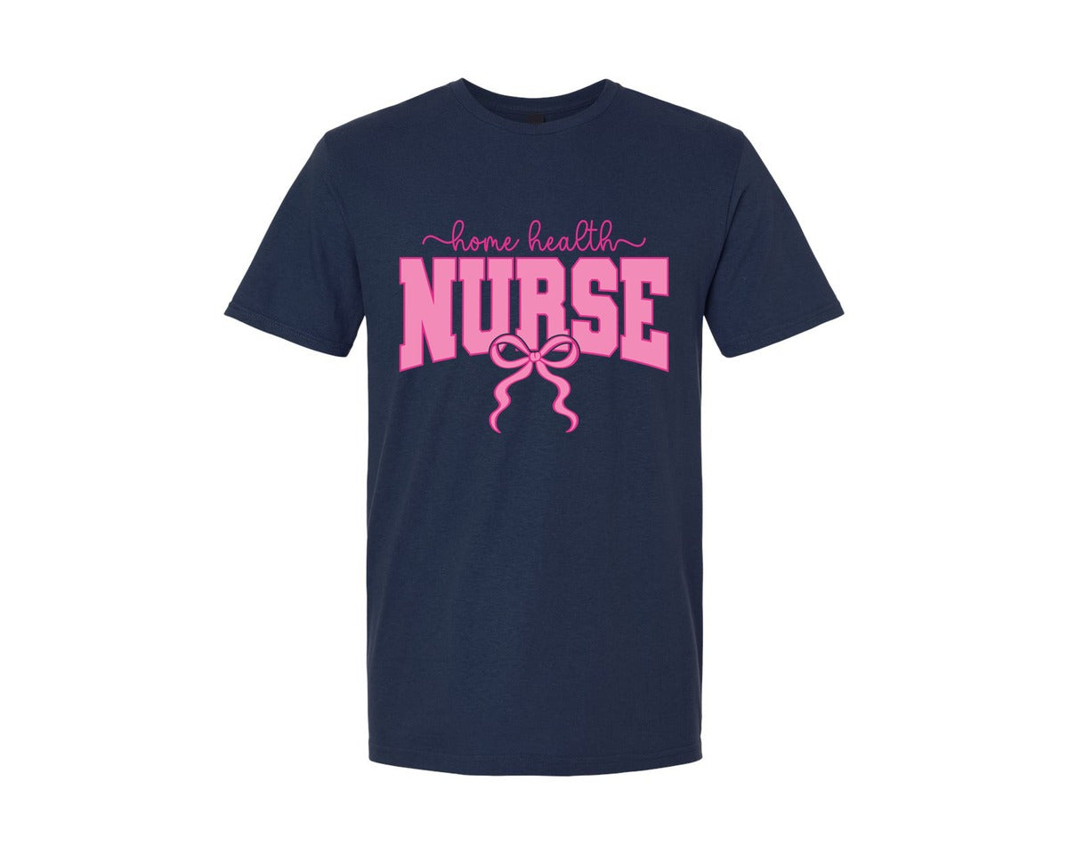 brand:Generic|color:Navy|Home Health Nurse Coquette Pink Bow Graphic T-Shirt