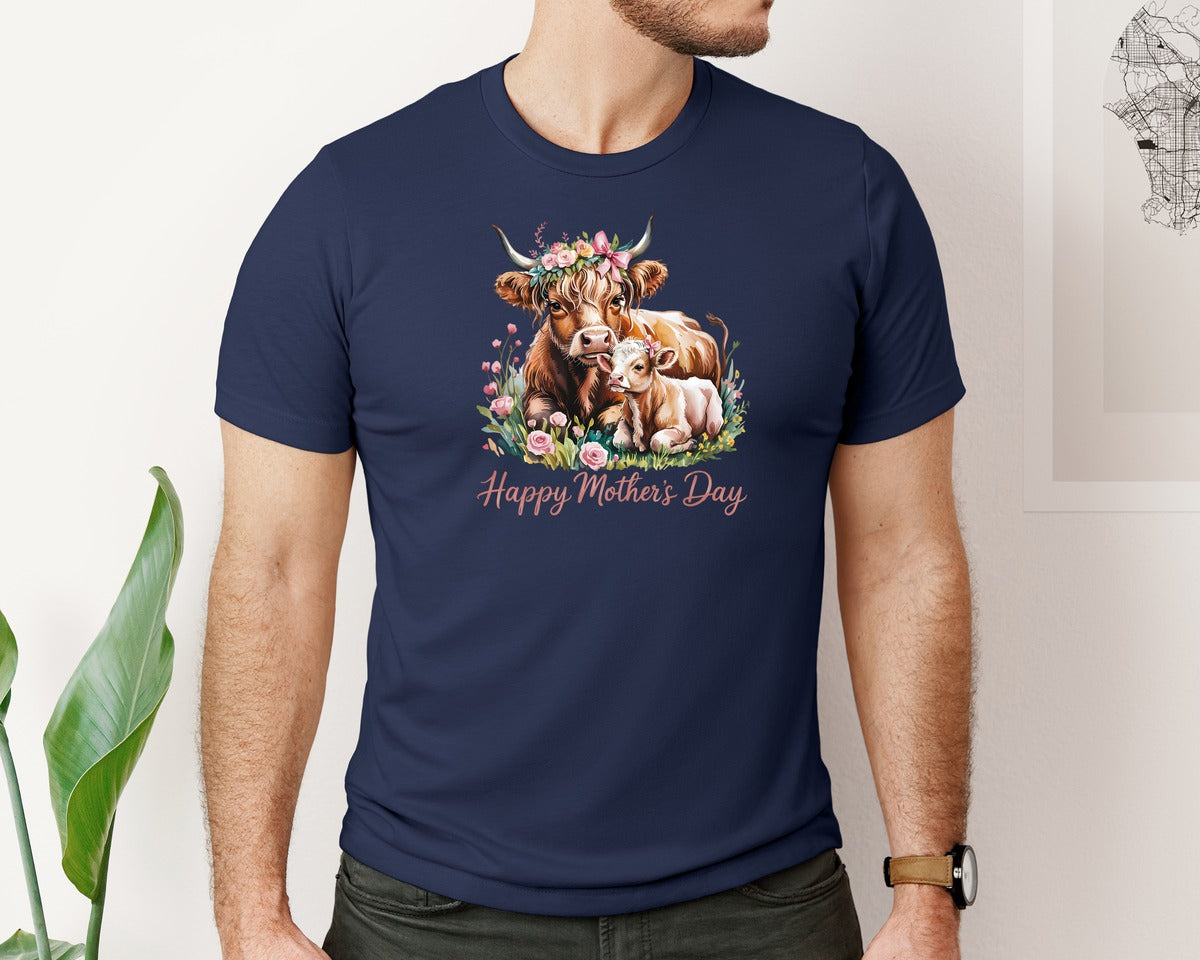 brand:Bella Canvas|color:Navy|Highland Cow Mothers Day 3 Graphic T-Shirt