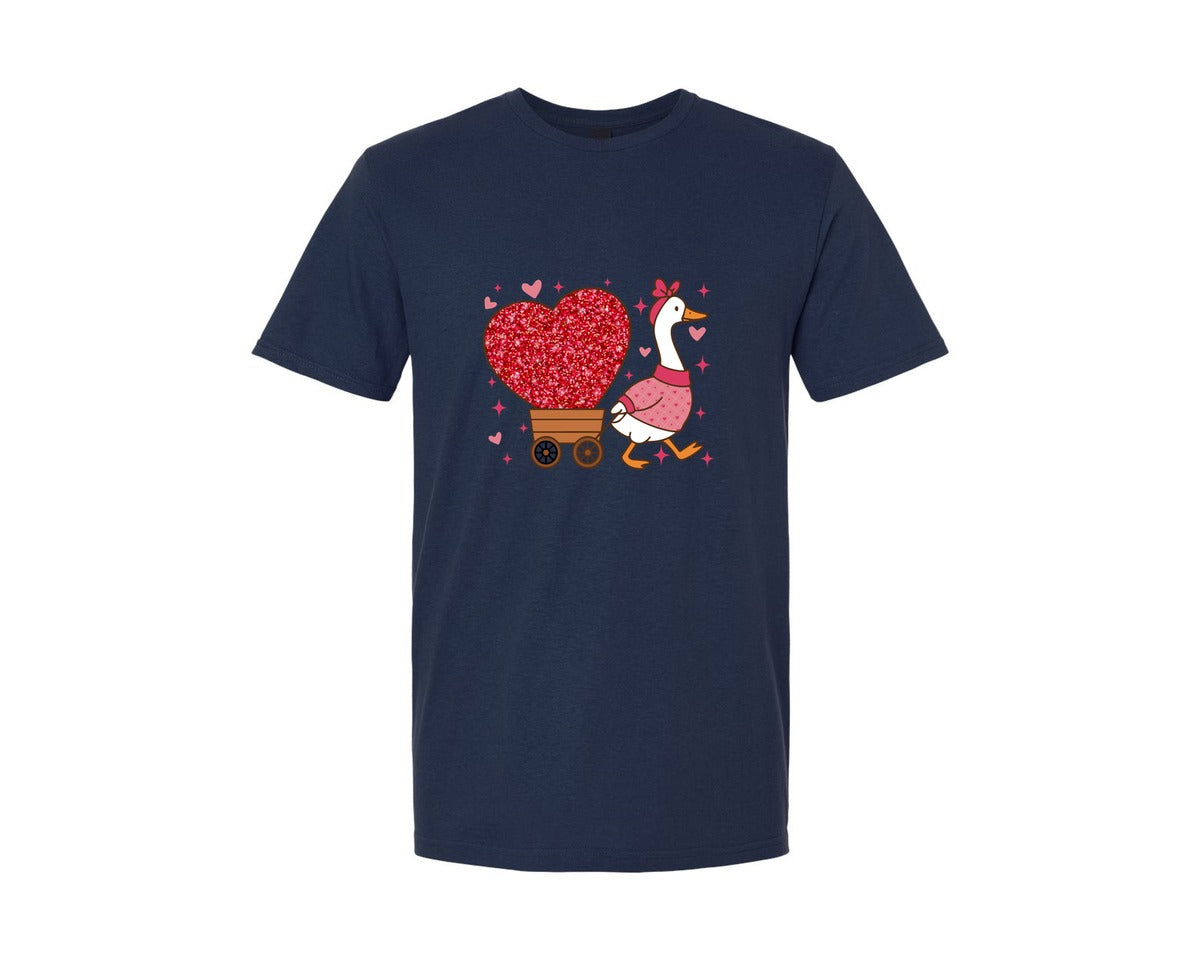 brand:Generic|color:Navy|Valentine Goose Glitter Heart Graphic T-Shirt