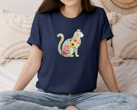Floral Cat Silhouette Illustration Graphic T-Shirt