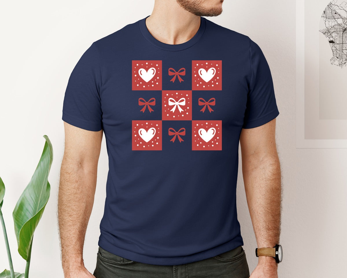 brand:Bella Canvas|color:Navy|Retro Checkered Valentines Day 2 Graphic T-Shirt