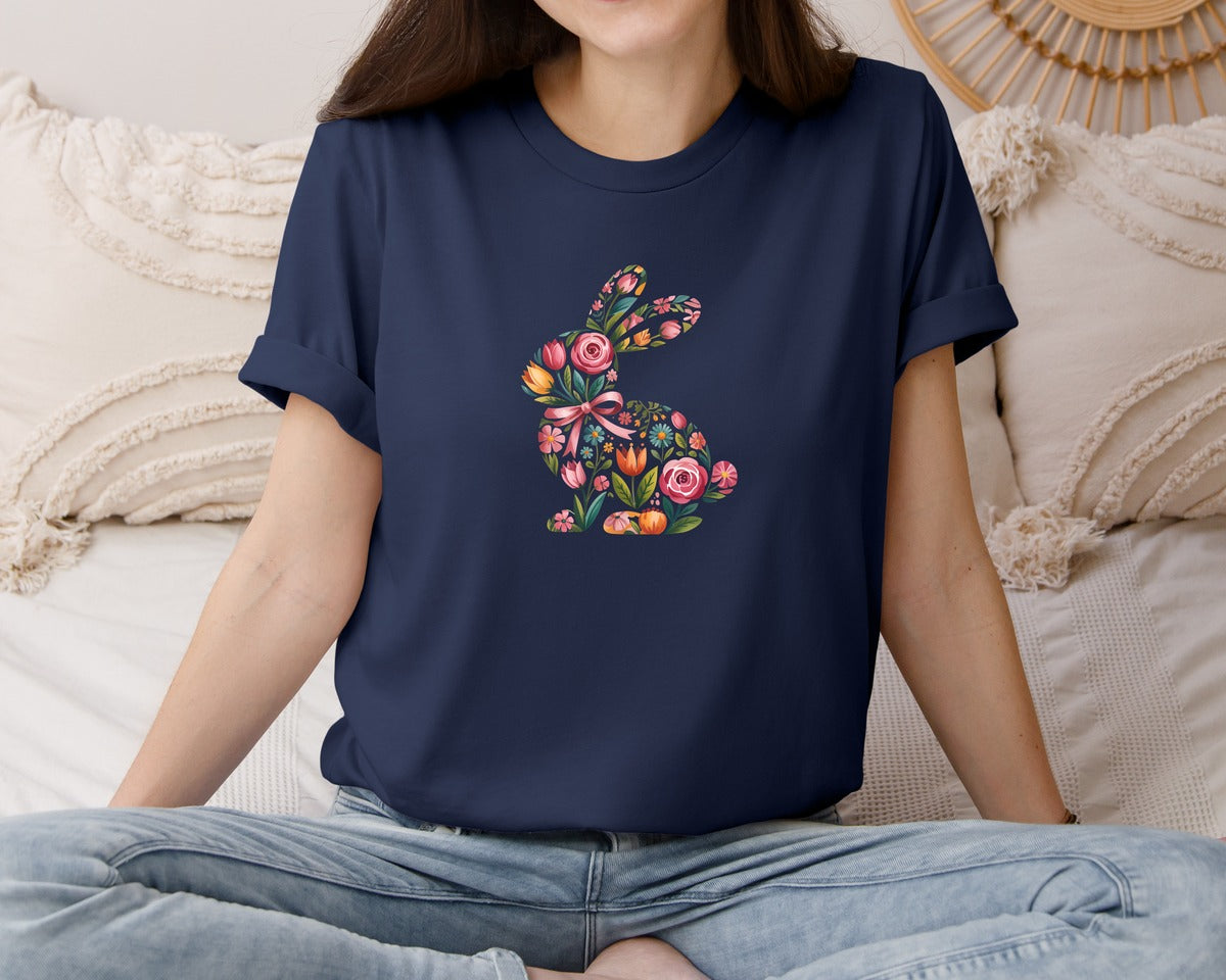 brand:Bella Canvas|color:Navy|Happy Easter Bunny Floral Bunny 2 Graphic T-Shirt