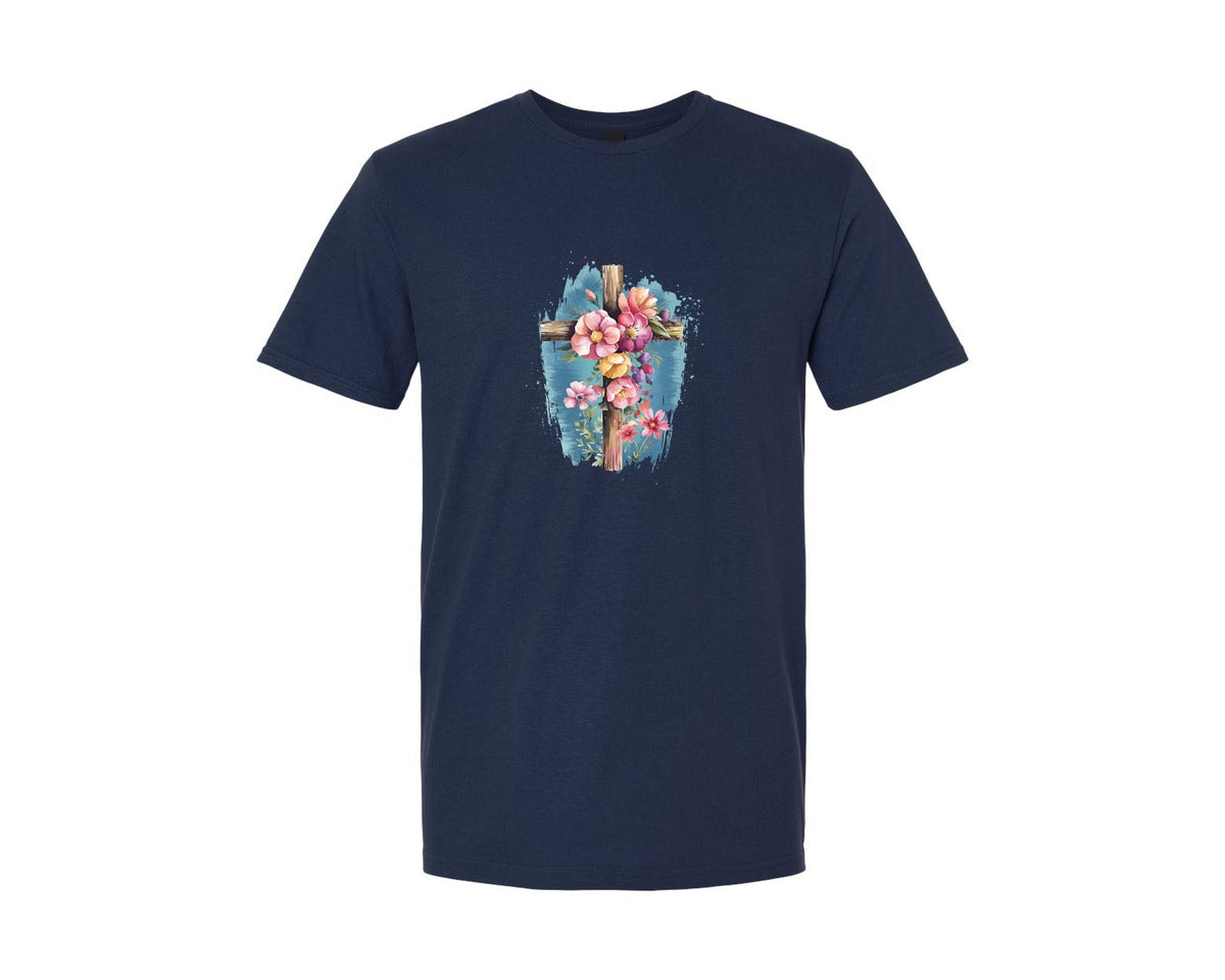 brand:Generic|color:Navy|Floral Christian Cross Graphic T-Shirt
