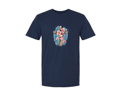 brand:Generic|color:Navy|Floral Christian Cross Graphic T-Shirt