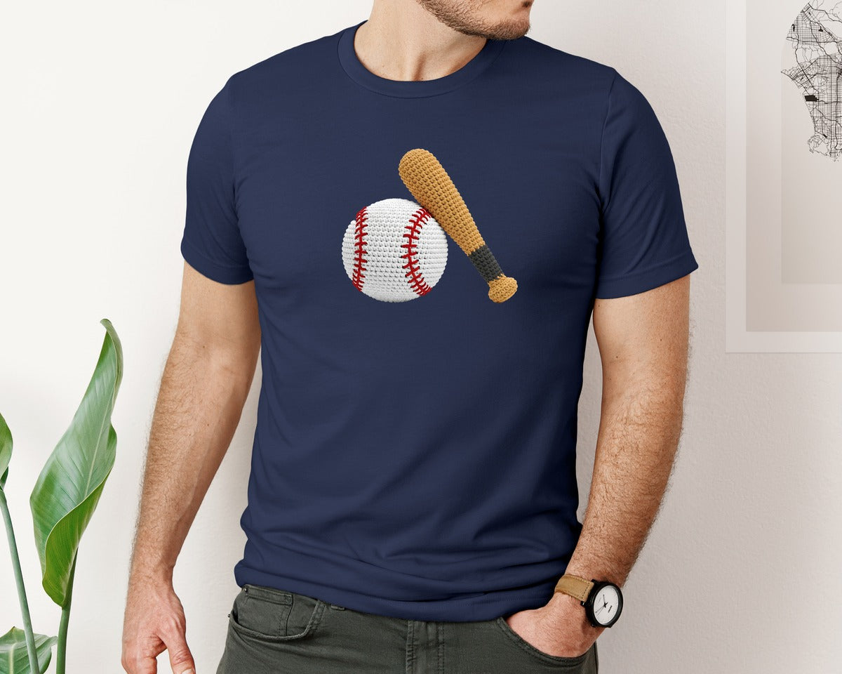 brand:Bella Canvas|color:Navy|Knitted Crochet Baseball And Bat Graphic T-Shirt