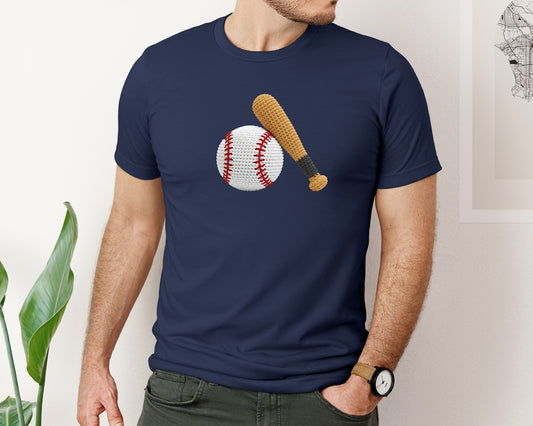 Knitted Crochet Baseball And Bat Graphic T-Shirt