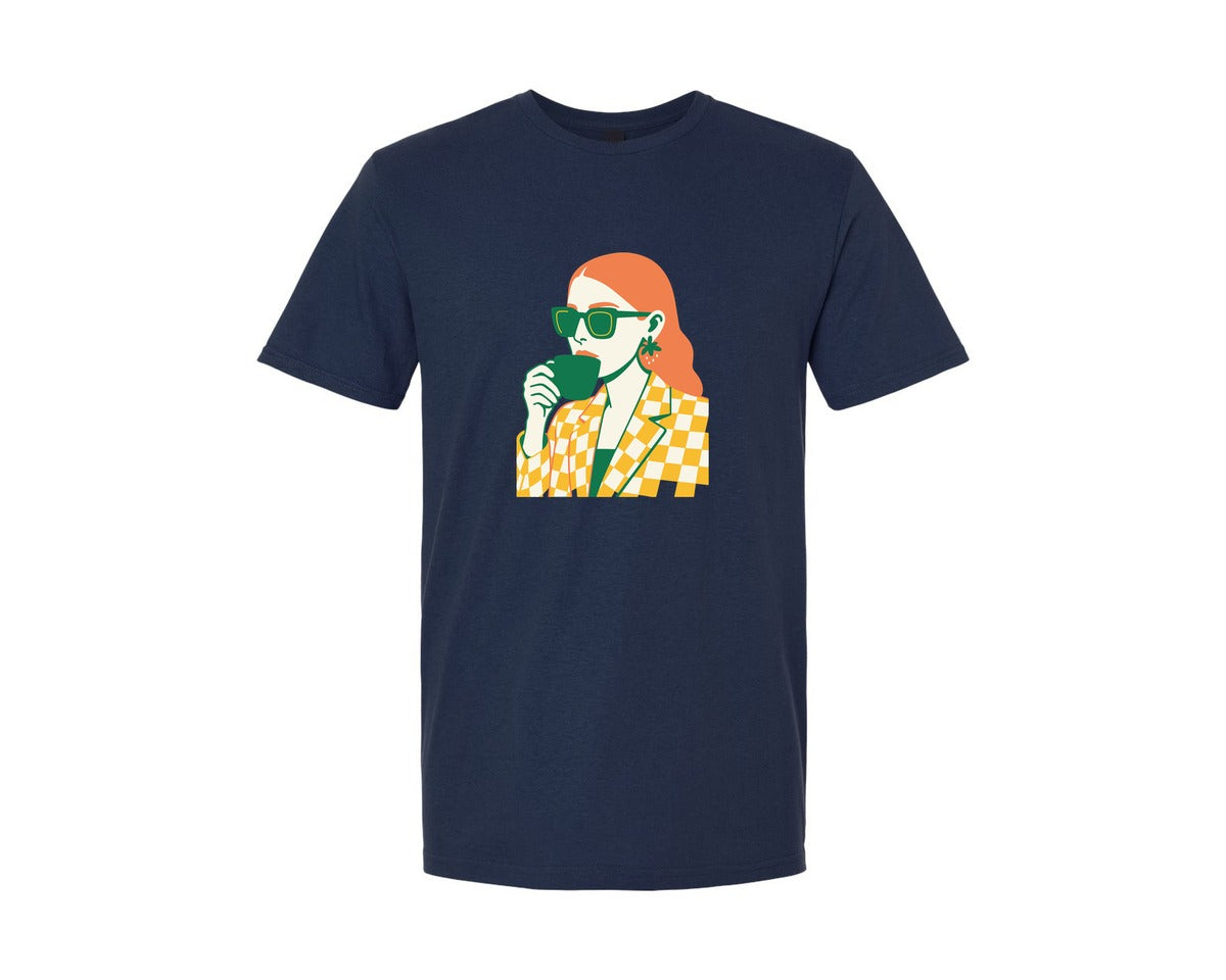 brand:Generic|color:Navy|Trendy Woman Drinking Coffee Graphic T-Shirt
