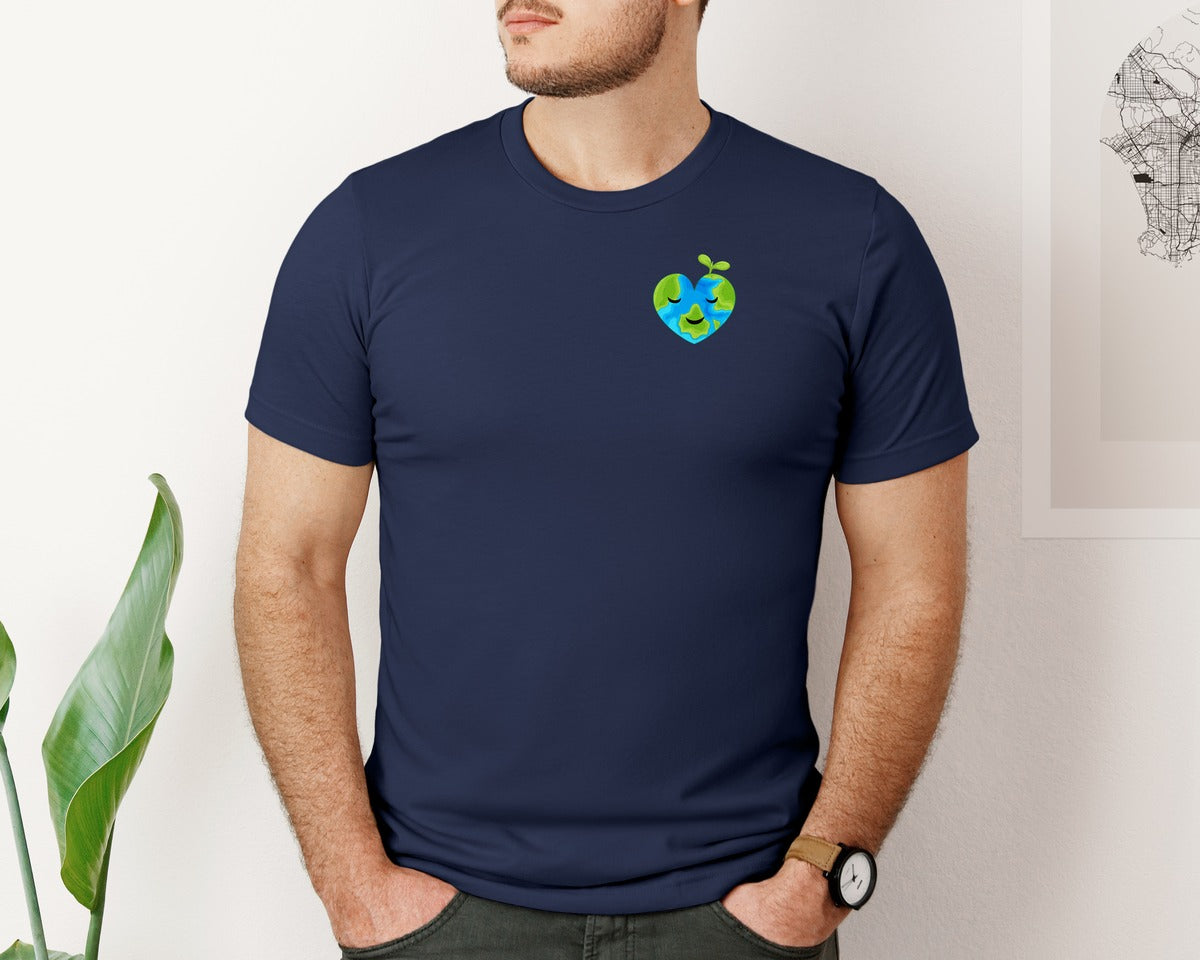 brand:Bella Canvas|color:Navy|Love Heart Earth Globe Pocket Design Graphic T-Shirt
