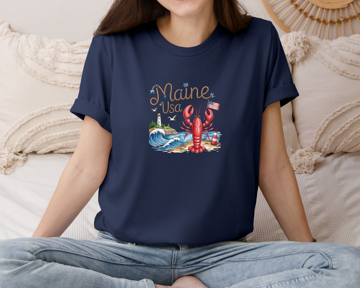 brand:Bella Canvas|color:Navy|Maine Usa Lobster Lighthouse Graphic T-Shirt