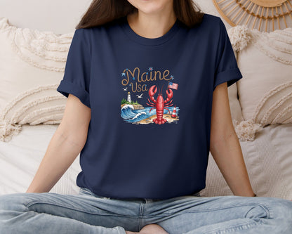 brand:Bella Canvas|color:Navy|Maine Usa Lobster Lighthouse Graphic T-Shirt