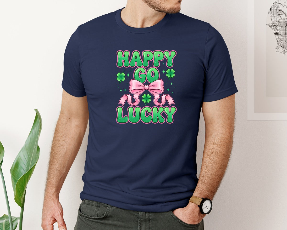 brand:Bella Canvas|color:Navy|Happy Go Lucky Pink Bow Shamrock Graphic T-Shirt