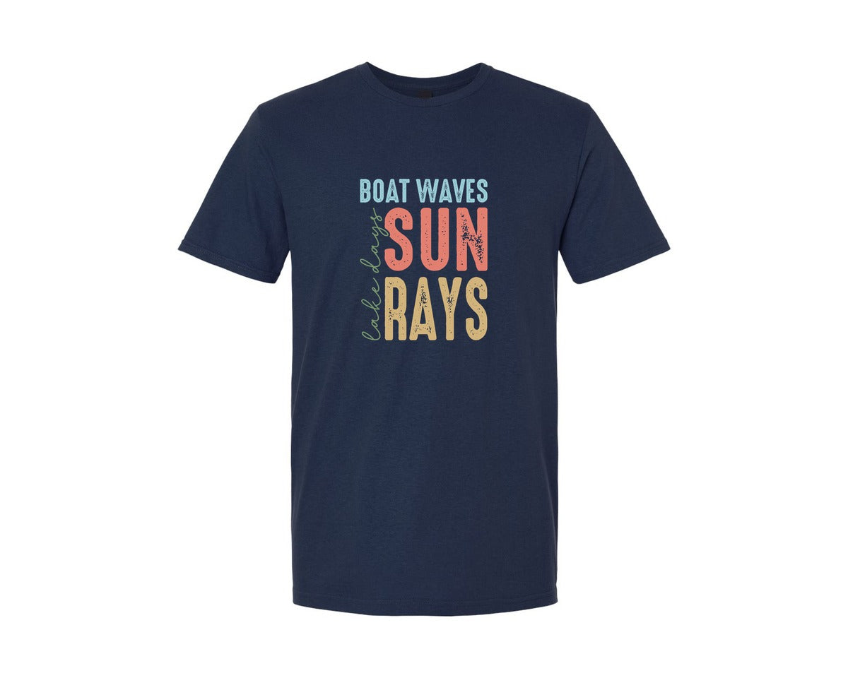 brand:Generic|color:Navy|Boat Waves Sun Ray Lake Days Summer Graphic T-Shirt