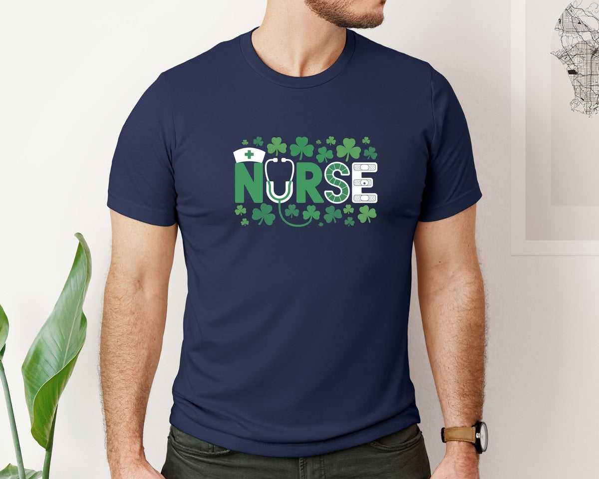 brand:Bella Canvas|color:Navy|Nurse Shamrock Black Background Graphic T-Shirt