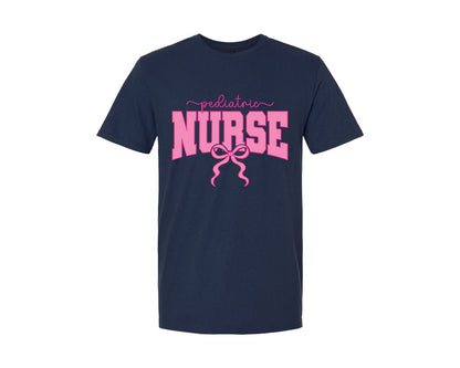 brand:Generic|color:Navy|Pediatric Nurse Coquette Nurse Pink Bow Graphic T-Shirt
