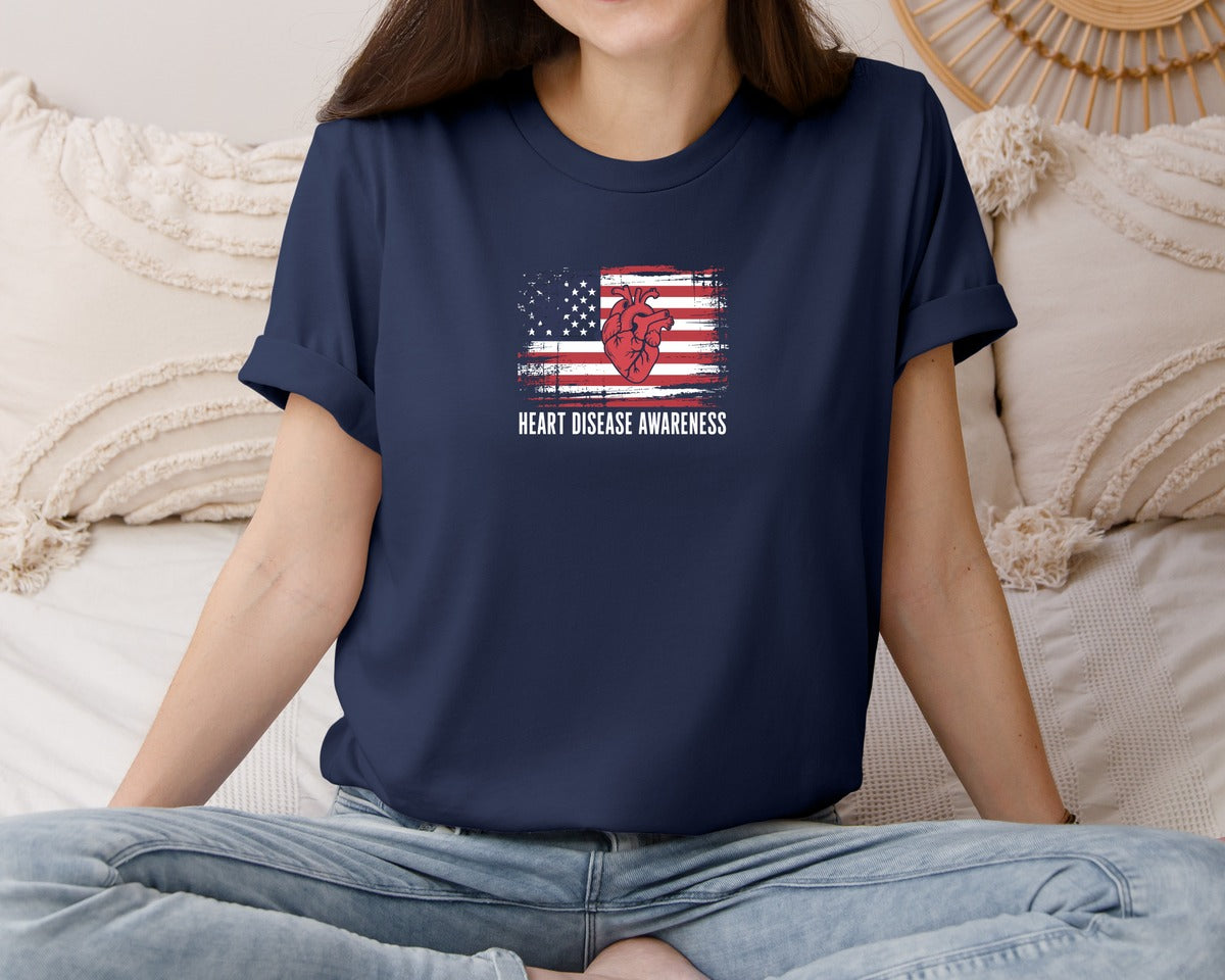brand:Bella Canvas|color:Navy|Heart Disease Awareness Usa Flag Graphic T-Shirt