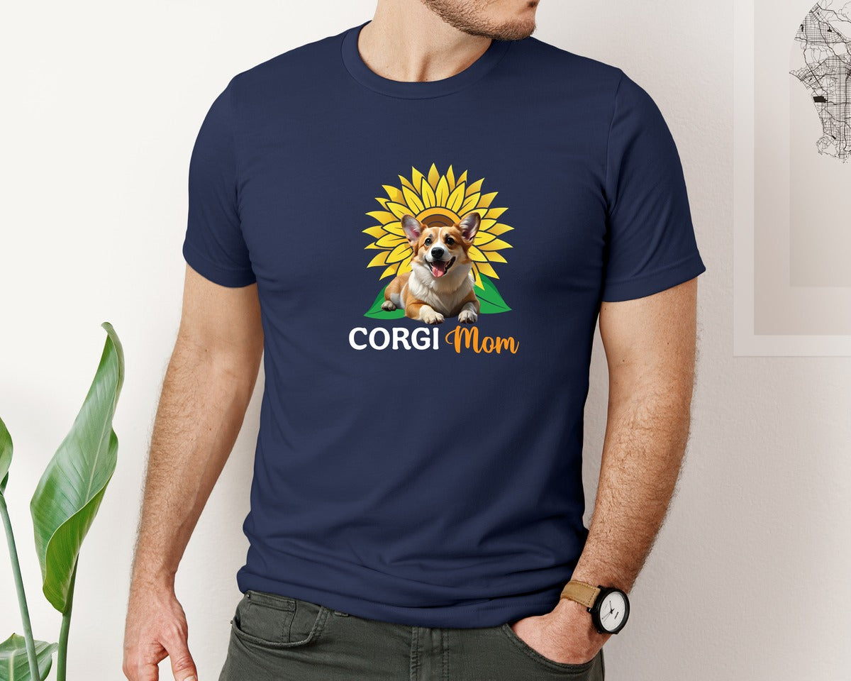 brand:Bella Canvas|color:Navy|Corgi Mom Sunflower Graphic T-Shirt