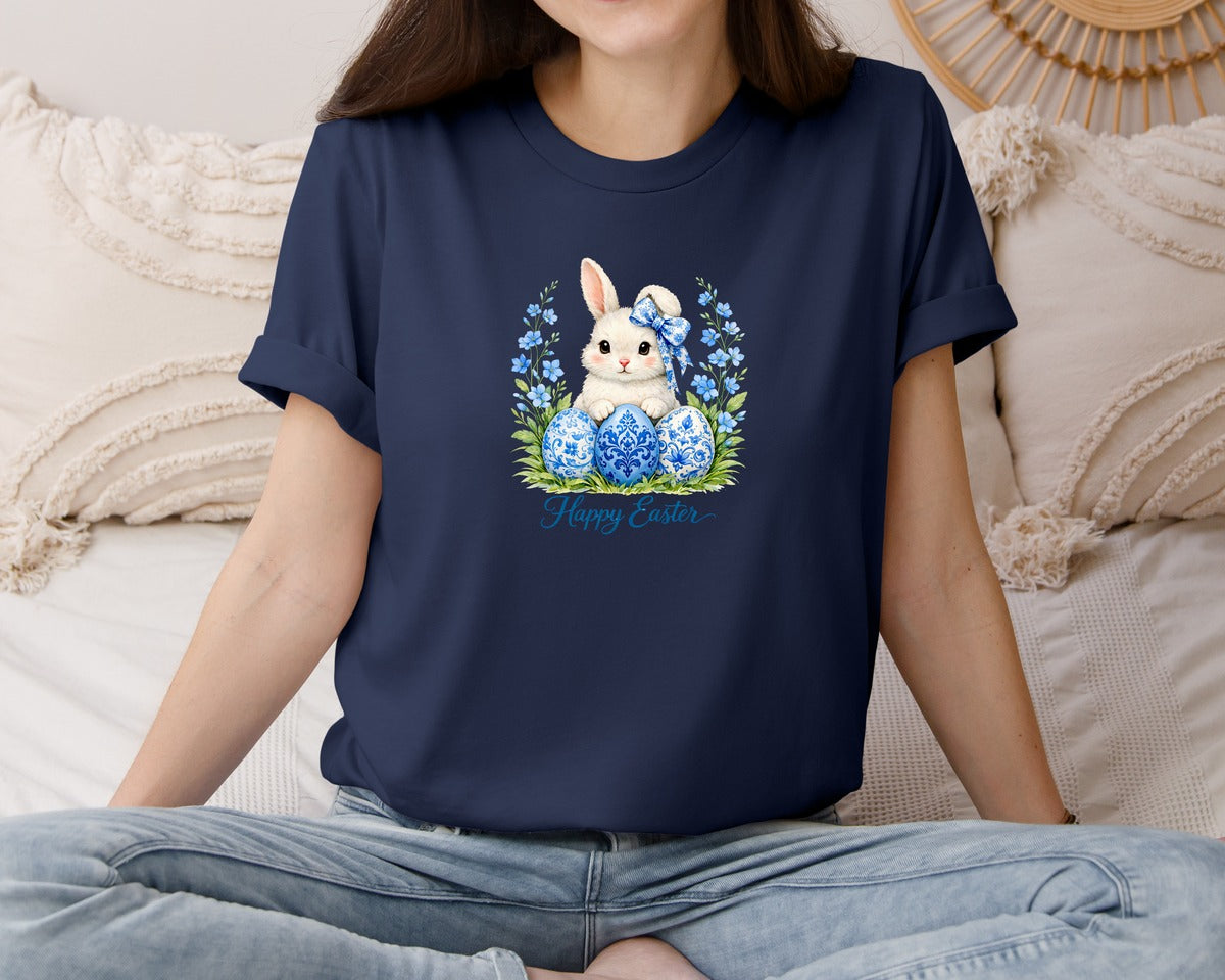 brand:Bella Canvas|color:Navy|Floral Toile Blue Easter Bunny Graphic T-Shirt