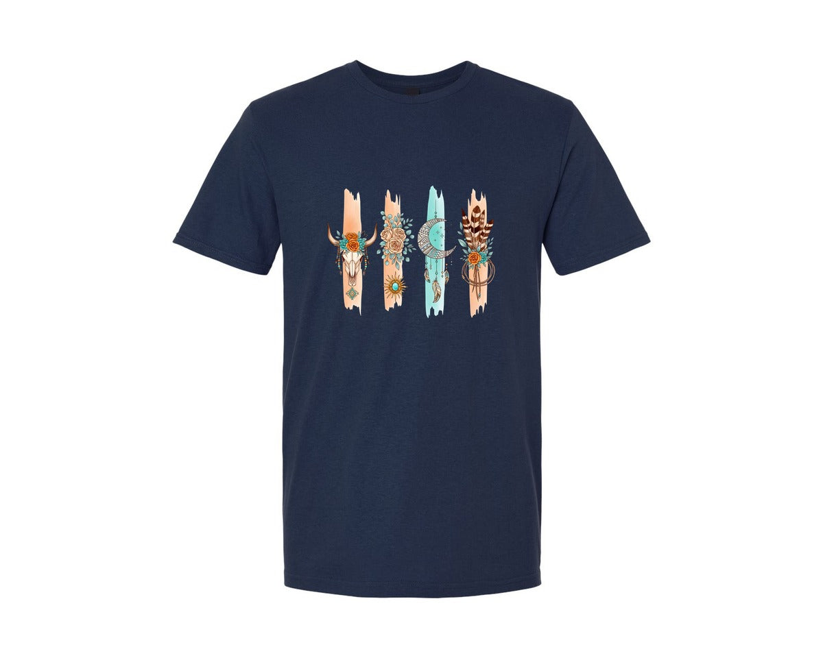 brand:Generic|color:Navy|Cow Skull Floral Boho Western Graphic T-Shirt