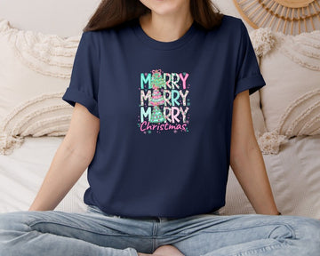 Floral Merry Merry Merry Christmas Graphic T-Shirt