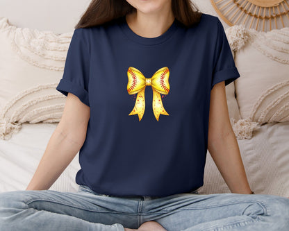 brand:Bella Canvas|color:Navy|Retro Softball Bow Graphic T-Shirt