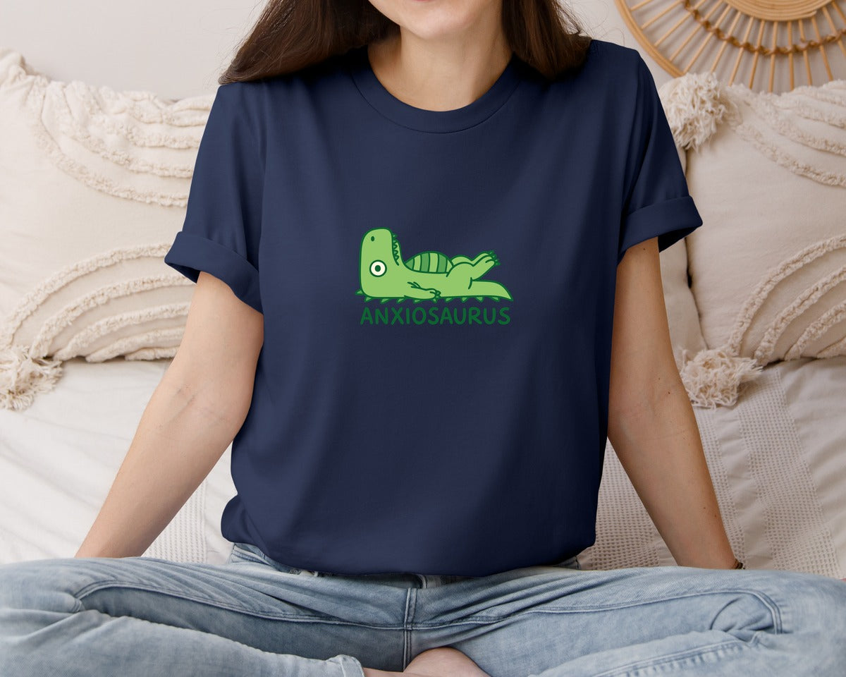brand:Bella Canvas|color:Navy|Anxiousaurus Mental Health Anxiety Pun Graphic T-Shirt
