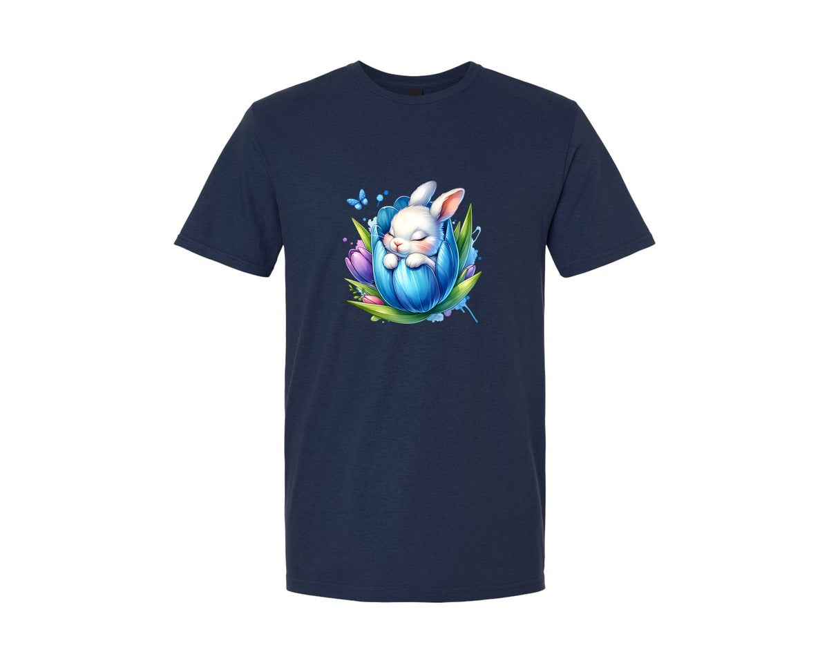 brand:Generic|color:Navy|Bunny Rabbit Blue Flower Graphic T-Shirt
