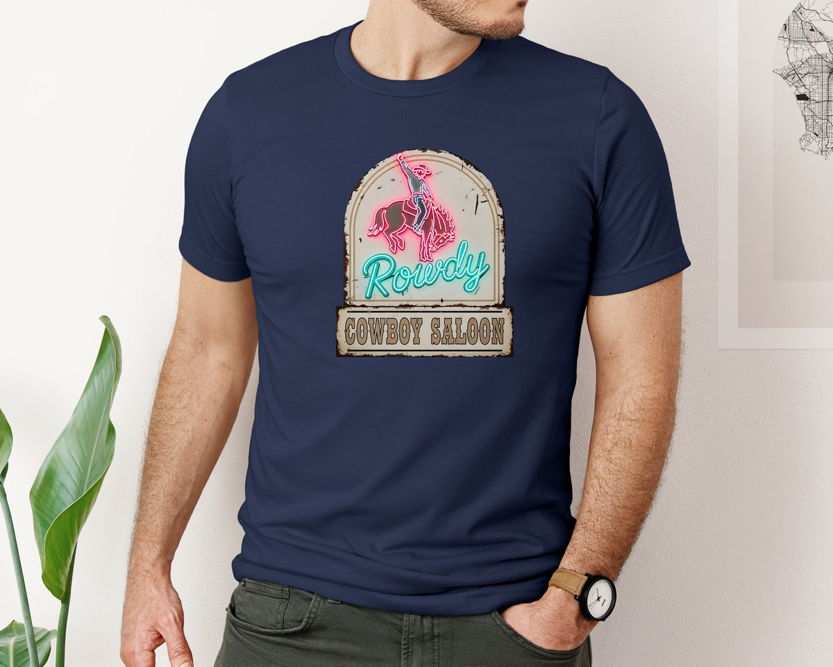 brand:Bella Canvas|color:Navy|Rowdy Cowboy Saloon Sign Western Graphic T-Shirt