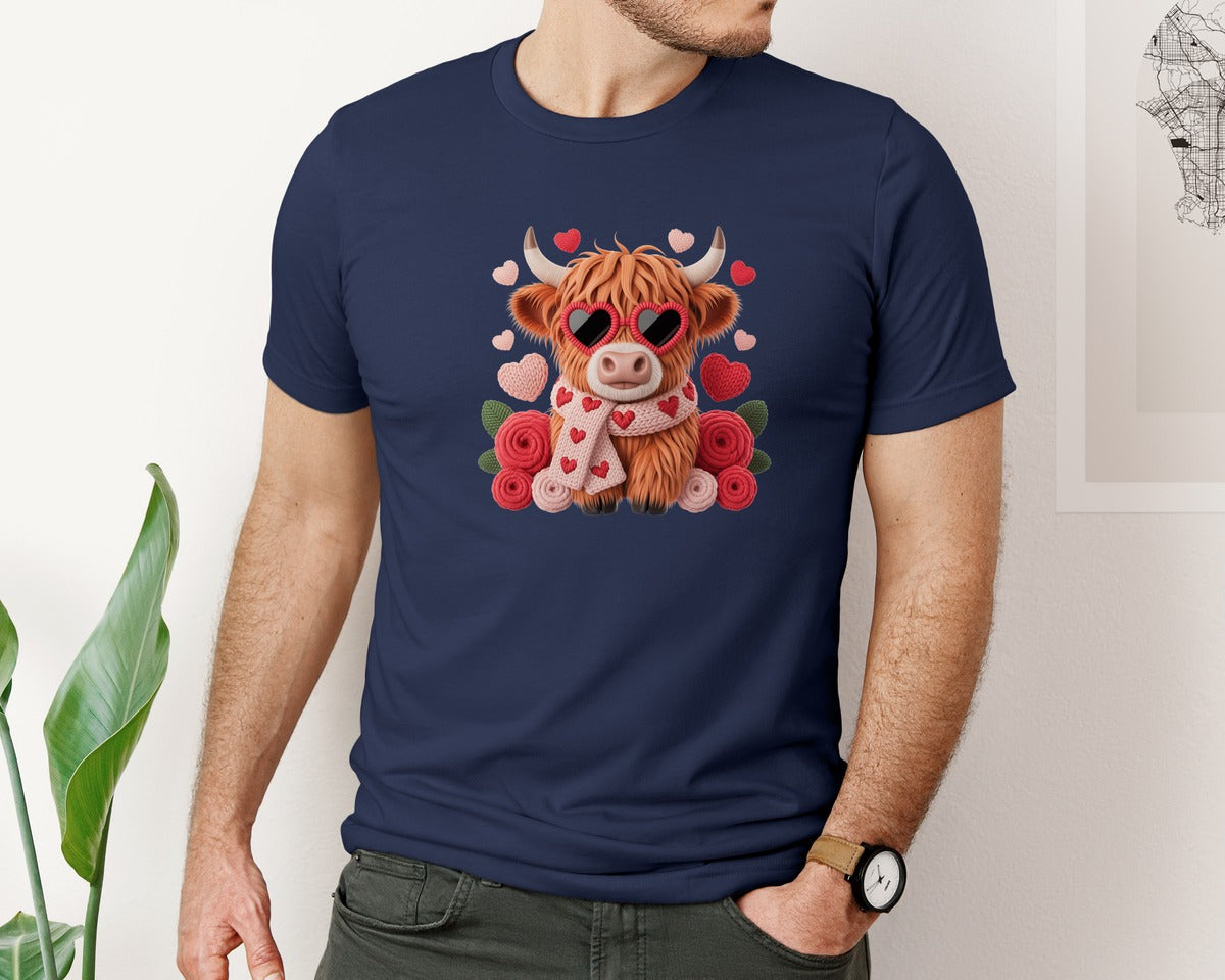 brand:Bella Canvas|color:Navy|Crochet Valentine Highland Cow Heart 2 Graphic T-Shirt