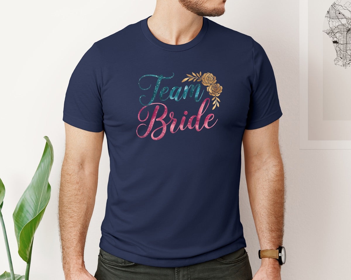 brand:Bella Canvas|color:Navy|Bride Team Bridal Party Flowers Graphic T-Shirt