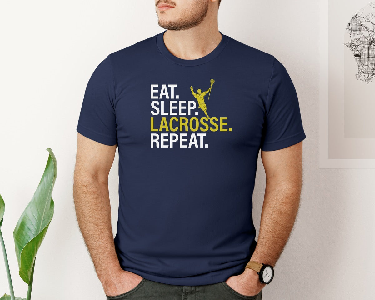 brand:Bella Canvas|color:Navy|Eat Sleep Lacrosse Repeat Sports Team Graphic T-Shirt