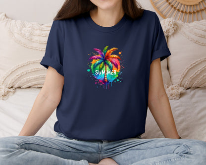 brand:Bella Canvas|color:Navy|Colorful Palm Tree Summer Graphic T-Shirt