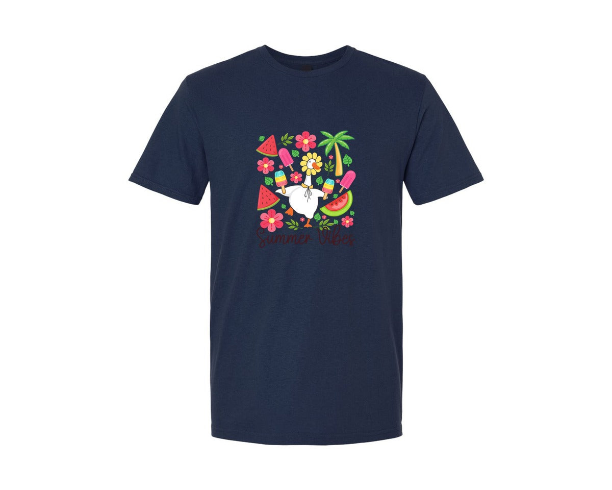 brand:Generic|color:Navy|Floral Summer Goose Summer Vibes Graphic T-Shirt