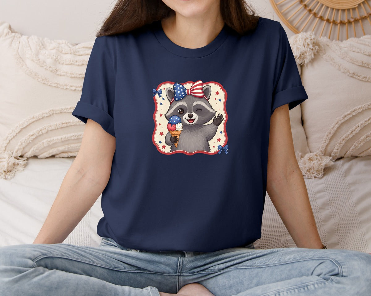 brand:Bella Canvas|color:Navy|Patriotic Raccoon Ice Cream Bow 4Th Graphic T-Shirt