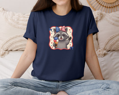 brand:Bella Canvas|color:Navy|Patriotic Raccoon Ice Cream Bow 4Th Graphic T-Shirt