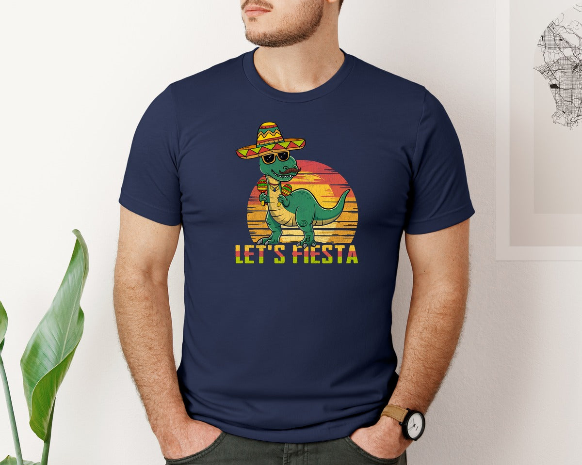 brand:Bella Canvas|color:Navy|Lets Fiesta Dinosaur Cinco De Mayo Graphic T-Shirt