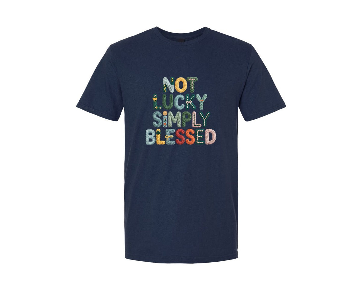 brand:Generic|color:Navy|Not Lucky Simply Blessed Faux Yarn Graphic T-Shirt